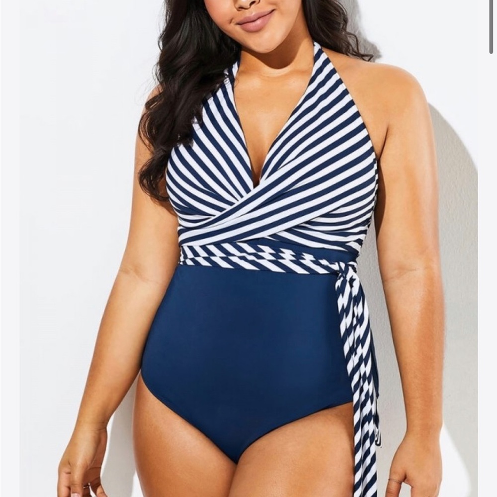 Fashion Faux Wrap Halter One Piece Swimsuit 2(0/22W)